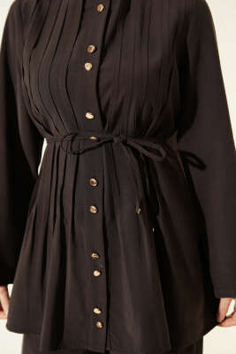 Gold Düğmeli Nervürlü Tensel İkili Takım Kahve - İkili Takım