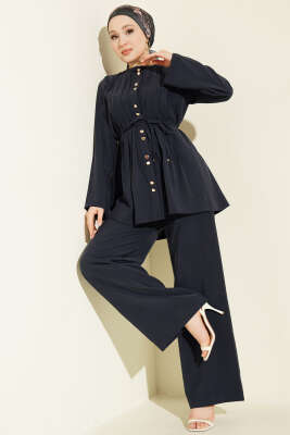 Gold Düğmeli Nervürlü Tensel İkili Takım Lacivert - HEWES