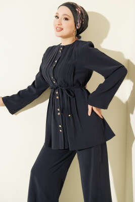 Gold Düğmeli Nervürlü Tensel İkili Takım Lacivert - İkili Takım