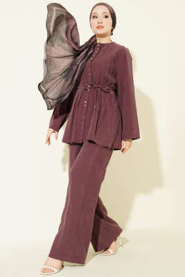 Gold Düğmeli Nervürlü Tensel İkili Takım Mürdüm - HEWES