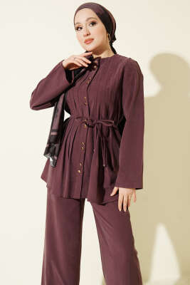 Gold Düğmeli Nervürlü Tensel İkili Takım Mürdüm - İkili Takım