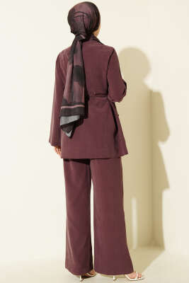 Gold Düğmeli Nervürlü Tensel İkili Takım Mürdüm - İkili Takım