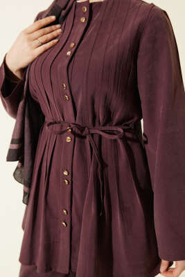 Gold Düğmeli Nervürlü Tensel İkili Takım Mürdüm - İkili Takım