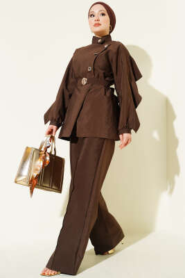 Gold Düğmeli Omuz Fırfırlı Paraşüt İkili Takım Kahve - TABA