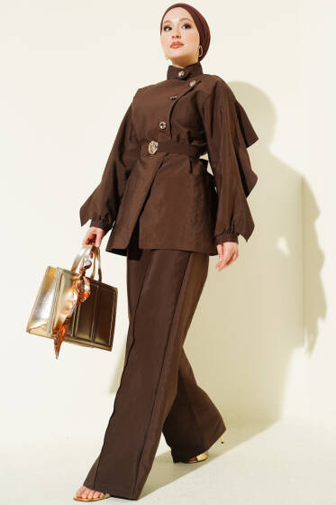 Gold Düğmeli Omuz Fırfırlı Paraşüt İkili Takım Kahve - İkili Takım