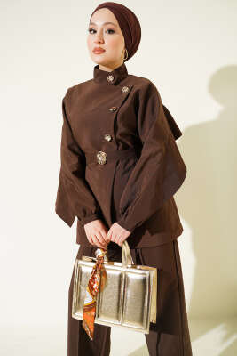 Gold Düğmeli Omuz Fırfırlı Paraşüt İkili Takım Kahve - İkili Takım