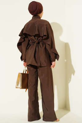 Gold Düğmeli Omuz Fırfırlı Paraşüt İkili Takım Kahve - İkili Takım