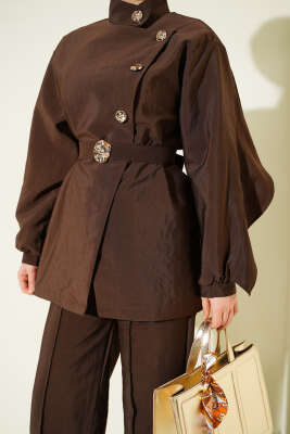 Gold Düğmeli Omuz Fırfırlı Paraşüt İkili Takım Kahve - İkili Takım