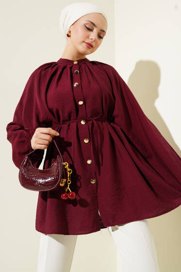 Gold Düğmeli Omuz Pileli Gömlek Bordo - Gömlek