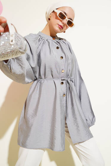 Gold Düğmeli Omuz Pileli Gömlek Gri - Gömlek