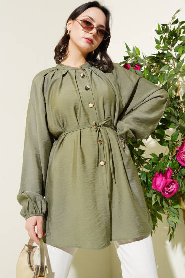Gold Düğmeli Omuz Pileli Gömlek Haki - Gömlek