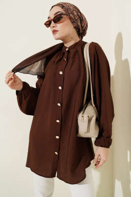 Gold Düğmeli Omuz Pileli Gömlek Kahve 