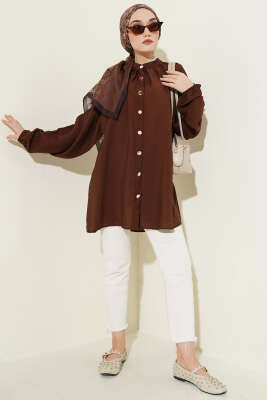 Gold Düğmeli Omuz Pileli Gömlek Kahve - Gömlek