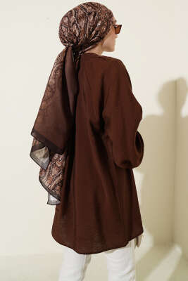 Gold Düğmeli Omuz Pileli Gömlek Kahve - Gömlek