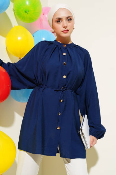 Gold Düğmeli Omuz Pileli Gömlek Lacivert - Gömlek