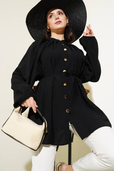 Gold Düğmeli Omuz Pileli Gömlek Siyah - Gömlek