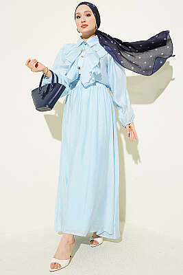 Gold Düğmeli Önü Fırfırlı Etekli Takım Bebe Mavi - İkili Takım