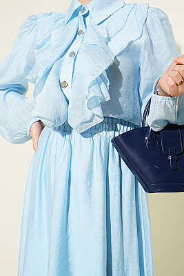 Gold Düğmeli Önü Fırfırlı Etekli Takım Bebe Mavi - İkili Takım