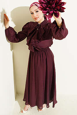 Gold Düğmeli Önü Fırfırlı Etekli Takım Bordo - HATUN