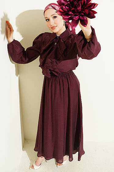 Gold Düğmeli Önü Fırfırlı Etekli Takım Bordo - İkili Takım