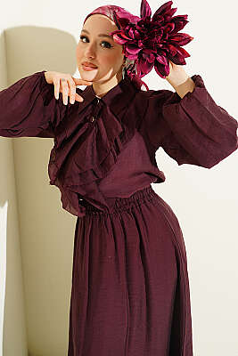 Gold Düğmeli Önü Fırfırlı Etekli Takım Bordo - İkili Takım