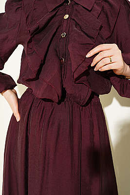 Gold Düğmeli Önü Fırfırlı Etekli Takım Bordo - İkili Takım