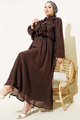 Gold Düğmeli Önü Fırfırlı Etekli Takım Kahve - HATUN