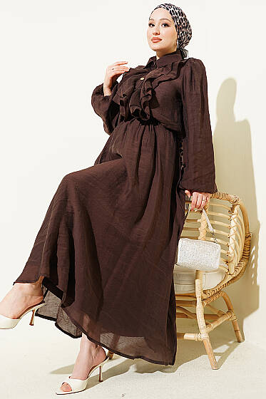 Gold Düğmeli Önü Fırfırlı Etekli Takım Kahve - İkili Takım