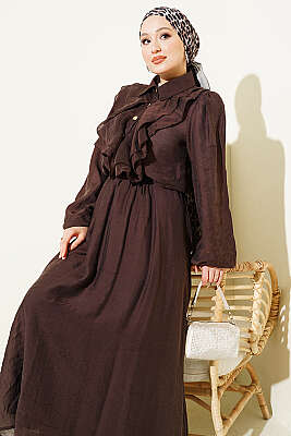 Gold Düğmeli Önü Fırfırlı Etekli Takım Kahve - İkili Takım