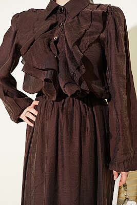 Gold Düğmeli Önü Fırfırlı Etekli Takım Kahve - İkili Takım