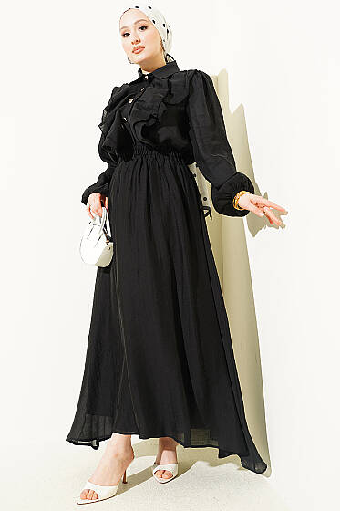 Gold Düğmeli Önü Fırfırlı Etekli Takım Siyah - İkili Takım