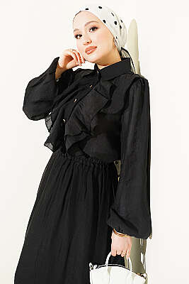 Gold Düğmeli Önü Fırfırlı Etekli Takım Siyah - İkili Takım