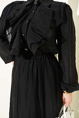 Gold Düğmeli Önü Fırfırlı Etekli Takım Siyah - İkili Takım