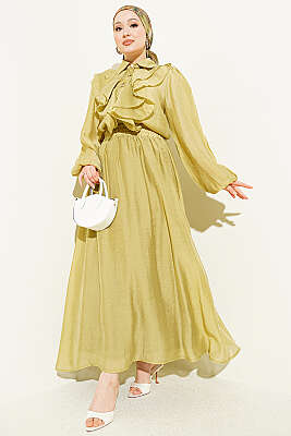 Gold Düğmeli Önü Fırfırlı Etekli Takım Yağ Yeşili - HATUN