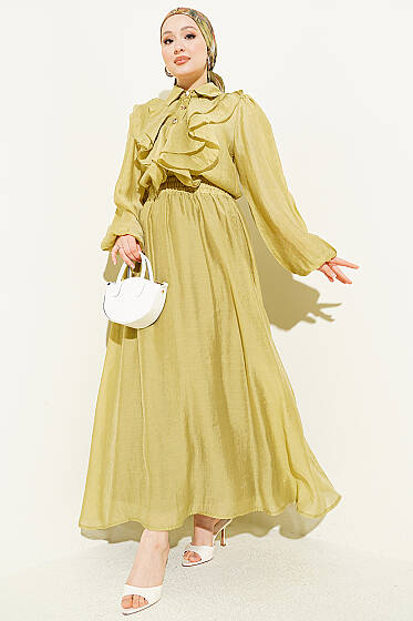 Gold Düğmeli Önü Fırfırlı Etekli Takım Yağ Yeşili - İkili Takım