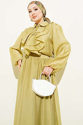 Gold Düğmeli Önü Fırfırlı Etekli Takım Yağ Yeşili - İkili Takım