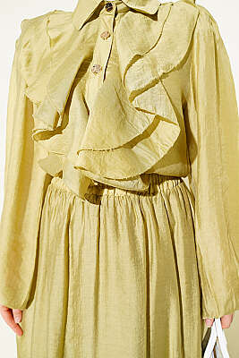 Gold Düğmeli Önü Fırfırlı Etekli Takım Yağ Yeşili - İkili Takım