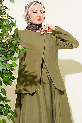 Gold Düğmeli Paraşüt Etekli Takım Çağla Yeşili - HATUN