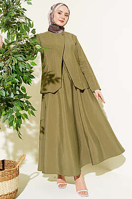 Gold Düğmeli Paraşüt Etekli Takım Çağla Yeşili - İkili Takım