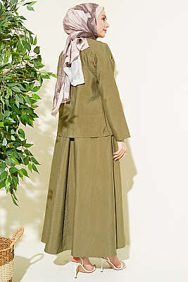 Gold Düğmeli Paraşüt Etekli Takım Çağla Yeşili - İkili Takım