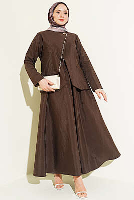 Gold Düğmeli Paraşüt Etekli Takım Kahve - HATUN