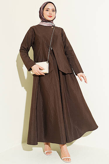 Gold Düğmeli Paraşüt Etekli Takım Kahve - İkili Takım