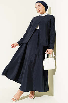 Gold Düğmeli Paraşüt Etekli Takım Lacivert - HATUN