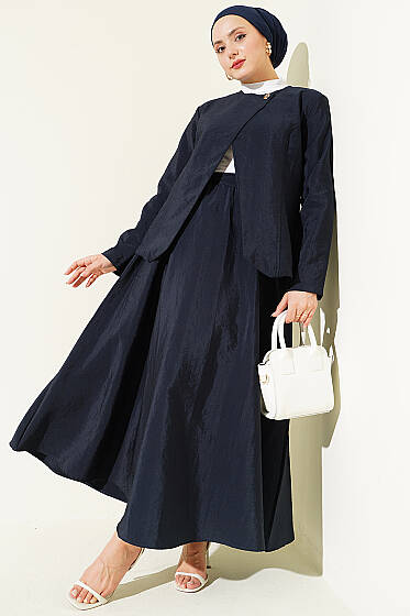 Gold Düğmeli Paraşüt Etekli Takım Lacivert - İkili Takım