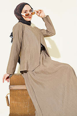 Gold Düğmeli Paraşüt Etekli Takım Vizon - HATUN