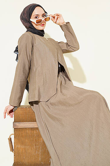 Gold Düğmeli Paraşüt Etekli Takım Vizon - İkili Takım