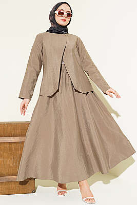 Gold Düğmeli Paraşüt Etekli Takım Vizon - İkili Takım