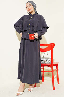 Gold Düğmeli Pelerinli Modal Etekli Takım Antrasit 