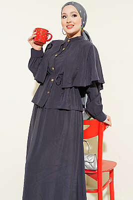 Gold Düğmeli Pelerinli Modal Etekli Takım Antrasit - İkili Takım