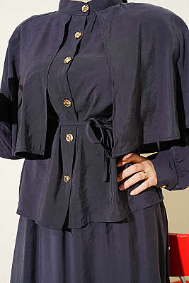 Gold Düğmeli Pelerinli Modal Etekli Takım Antrasit - İkili Takım